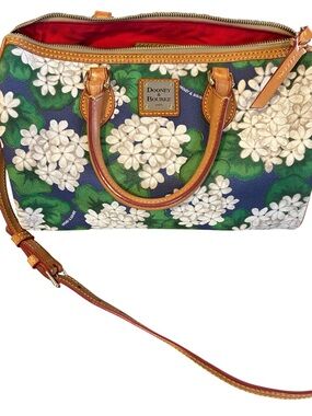 Dooney & Bourke Hydrangea Floral Pebble Grain Leather Satchel with Tan Trim